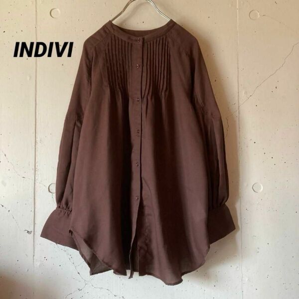 INDIVI インディヴィ【洗える】エアリービエラ ボリュームスリーブ ピンタック ブラウス バンドカラー シャツ