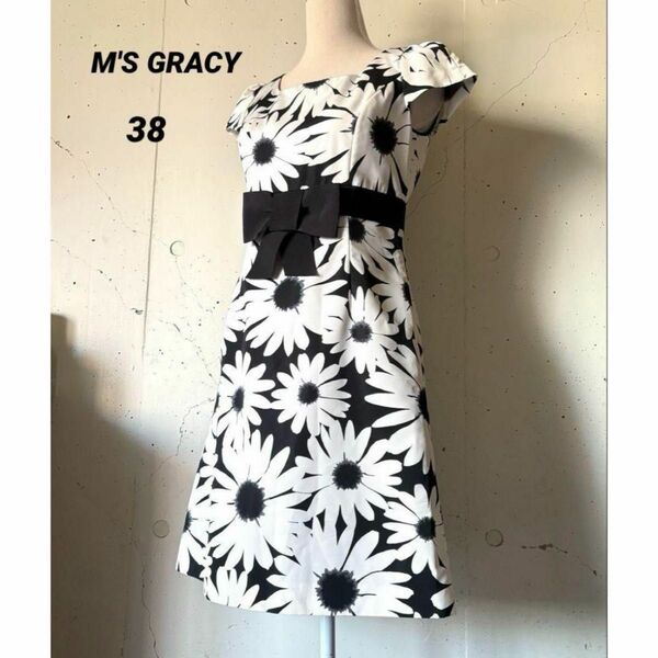 M'S GRACY エムズグレイシー★フラワーモチーフ ワンピース リボン フレンチスリーブ 花柄ワンピース