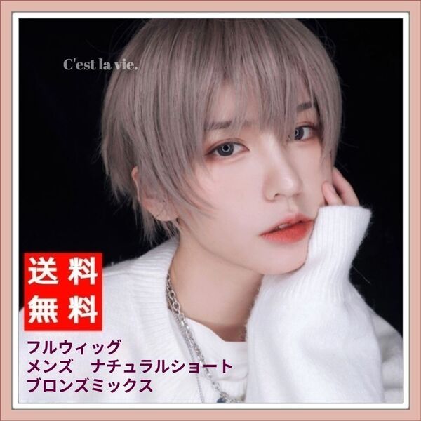 新品 フルウィッグ メンズ ショート ストレート アッシュ ブロンズ 医療用 かつら ウィッグ 耐熱 フリーサイズ ネット付き