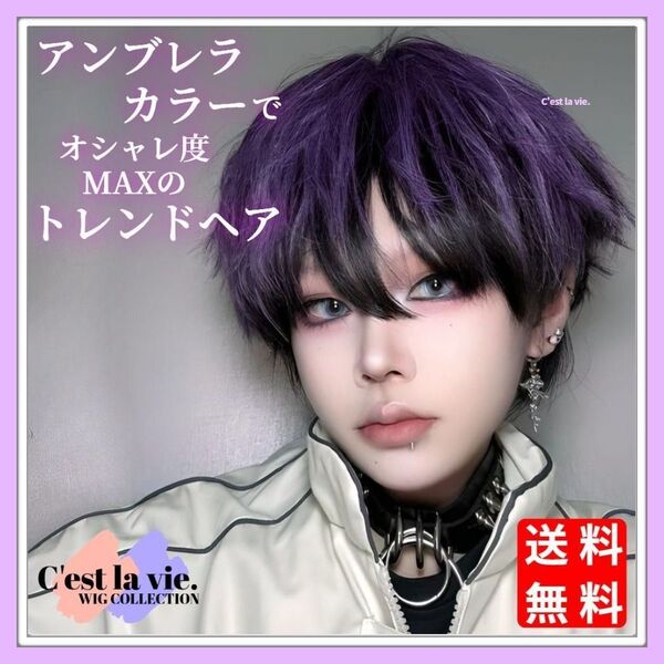 新品 フルウィッグ ショート ピンパーマ アンブレラカラー パープル ブラック コスプレ Y2K 医療用 自然 かつら ネット付き