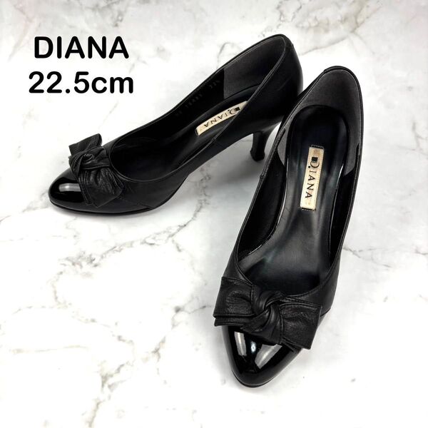 【美品】DIANA ダイアナ 22.5 リボン パンプス レザー エナメル 黒 リボンパンプス ヒール
