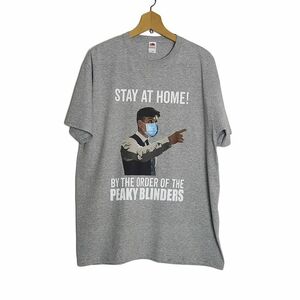 Tシャツ 新品 プリントTシャツ デッドストック メンズ Lサイズ FRUIT OF THE LOOM グレー色 STAY AT HOME #2159