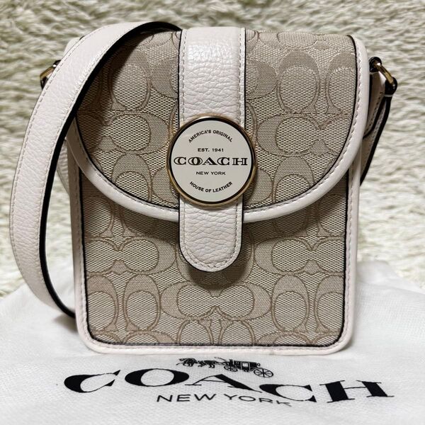 美品 COACH コーチ ショルダーバッグ 斜め掛け ノース サウス ロニー シグネチャー ジャガード ポシェット クロスボディ