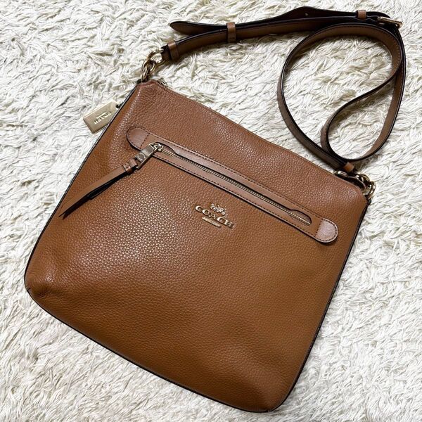 美品 COACH コーチ ショルダーバッグ メイ ファイル 斜め掛け メタルロゴ レザー 本革 ブラウン サコッシュ クロスボディ