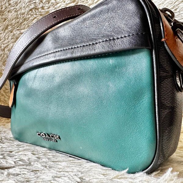 希少デザイン COACH コーチ ショルダーバッグ グラハム カラーブロック シグネチャー 斜め掛け レザー グリーン ブラック
