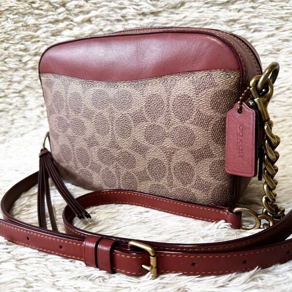 COACH コーチ カメラバッグ 斜め掛け チェーン シグネチャー PVC レザー ショルダーバッグ クロスボディ タッセル