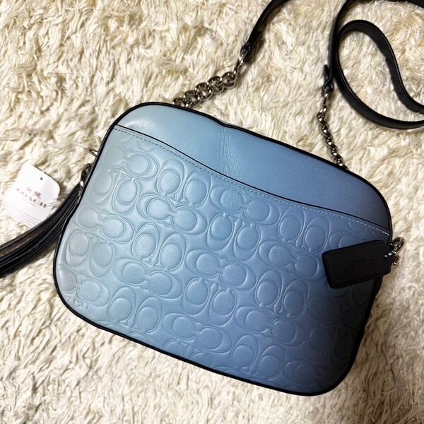 COACH コーチ ショルダーバッグ グラデーション チェーン シグネチャー 型押し エンボス カメラバッグ レザー ブルー