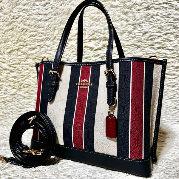 極美品 COACH コーチ ショルダーバッグ モリー トート25 2way ストライプ ジャガード メタルロゴ キャンバス レザー