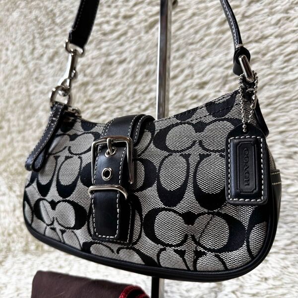 極美品 COACH コーチ ソーホー ワンショルダー アクセサリーポーチ 肩掛け シグネチャー キャンバス レザー グレー ベルト