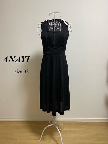 【未使用品】ANAYI アナイ ひざ丈 ノースリーブ ワンピース ブラック 38