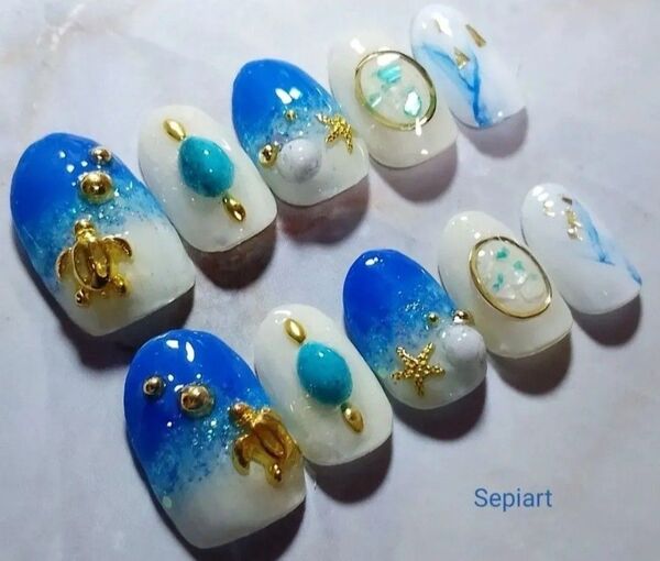 No184 ジェルネイルチップ☆付け爪☆ブルーグラデーション☆ホヌ 夏ネイル 海ネイル