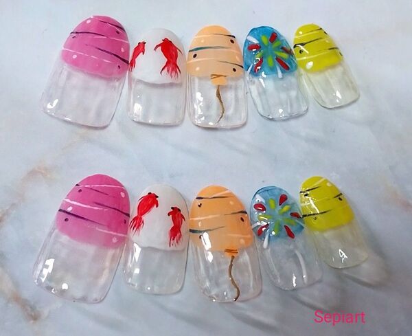 No326☆ジェルネイルチップ☆付け爪☆夏祭りネイル☆ヨーヨー×金魚☆夏ネイル