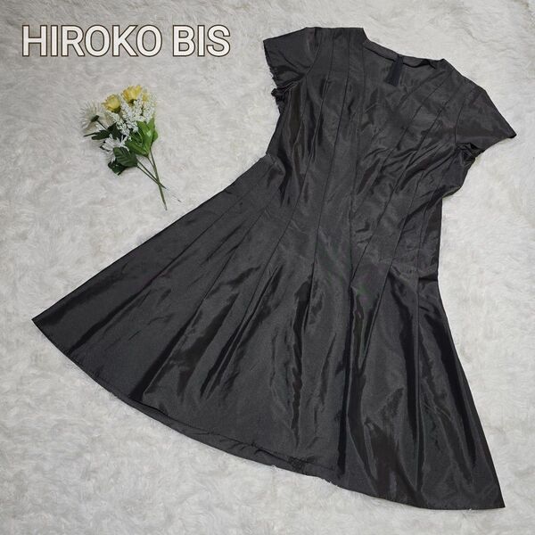 【未使用級!超美品】HIROKO BIS ヒロコビス フレンチスリーブ ひざ丈 ワンピース L グレー Aライン ペチコート付き