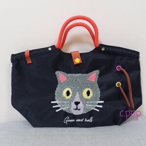 アジアン雑貨 2way 刺繍 ハンドバッグ ショルダーバッグ 猫 軽量 ナイロンバッグ グレー 猫グッズ