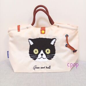 アジアン雑貨 軽量 2way 刺繍 ショルダーバッグ ハンドバッグ 猫 ハチワレ ナイロンバッグ 猫グッズ