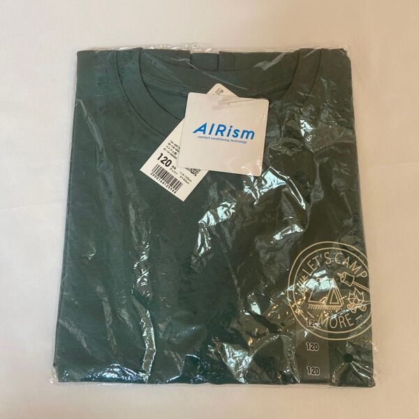 キッズ ユニクロ 半袖 エアリズムコットングラフィックTシャツ グリーン 緑 キャンプ サイズ:120