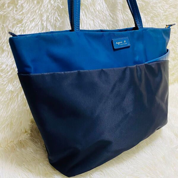 agnes b. ナイロン トートバッグ レザー切替 ブルー/ネイビー