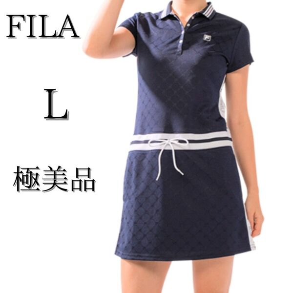 《未使用級》FILA GOLF ゴルフウェア ワンピース フィラ チェック柄 半袖 ネイビー リボン ポロシャツ L 極美品