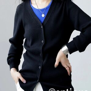 antiqua 接触冷感 UVカット リブニット 細見え カーディガン 長袖 Vネック ブラック ニットカーディガン き