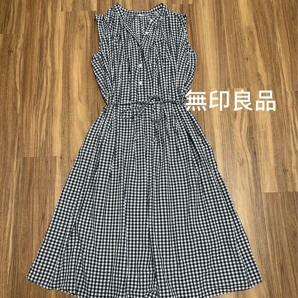 無印良品muji ワンピース ノースリーブ チェック柄 綿 コットン チュニック ベルト