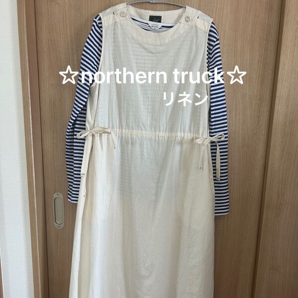 northern truckワンピース ノースリーブ 綿麻リネン 森ガール リボン チュニック ホワイト スリット ポケット