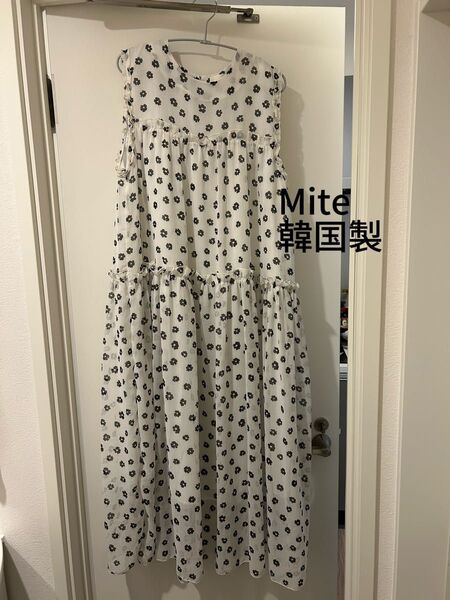 Mite ワンピース ノースリーブ 花柄 韓国製 おしゃれ レース ドット ロングスカート