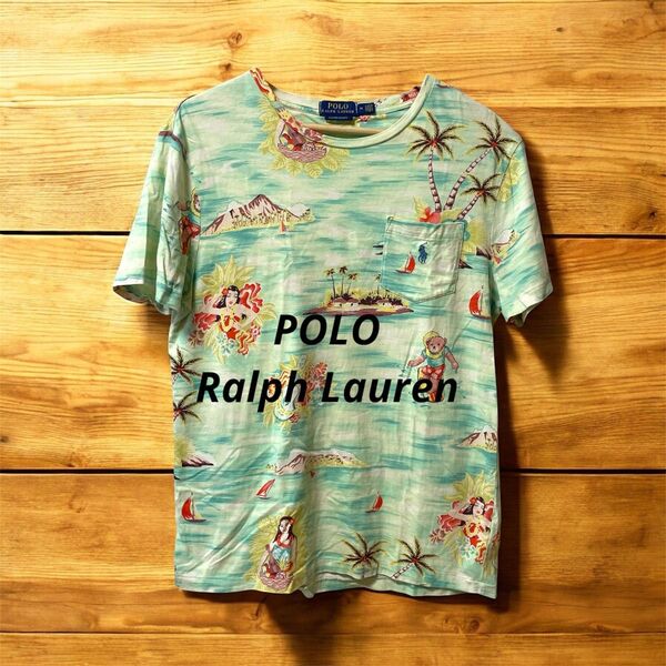 ポロ ラルフローレン ポロベア ビーチTシャツ アロハ 半袖 総柄 グリーン M