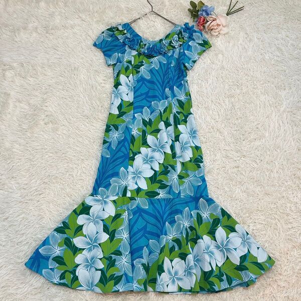 美品 ハワイ製 フラダンス衣装ブルー T&L MUUMUU FACTORYドレス