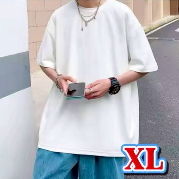 Tシャツ メンズ プルオーバー 五分袖 ビッグシルエット ドロップショルダー Uネック ゆったり トップス 白 XL 半袖