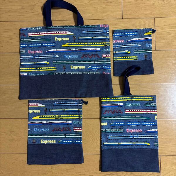ハンドメイド 新幹線 電車 レッスンバッグ シューズバッグ 手提げ袋 給食袋 コップ袋 上履き入れ 巾着袋