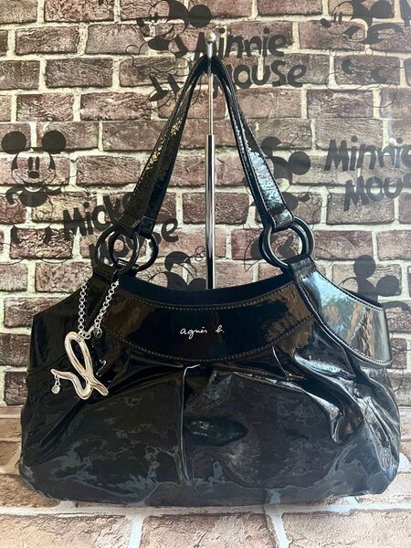 アニエスベー agnes b. トートバッグ パテント エナメル ブラック