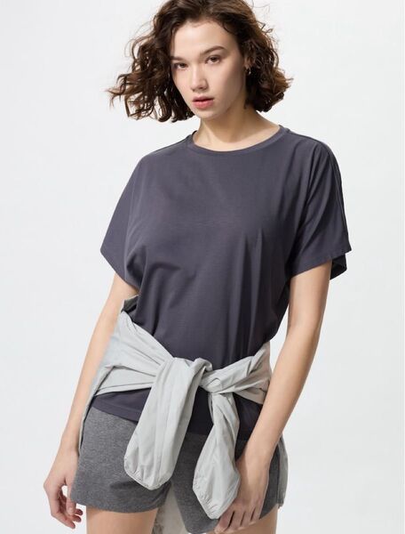 ユニクロ UNIQLO エアリズム ドレープT グレー L 半袖カットソー 半袖Tシャツ