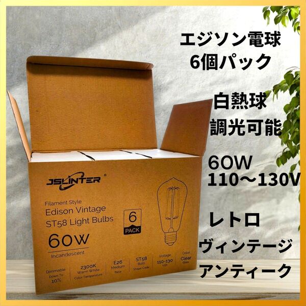 【JSLINTER エジソン電球 6個パック 】ST58 E26 60W 白熱球 調光可能 アンティーク ヴィンテージ レトロ