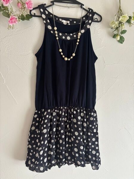ネイビー シフォンドット可愛い ノースリーブ チュニックワンピースMサイズ夏物