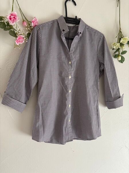 ボタンダウン七分袖シャツ 紫白チェック柄 Mサイズ夏物ストレッチ 美品 チェックシャツオフィスカジュアル