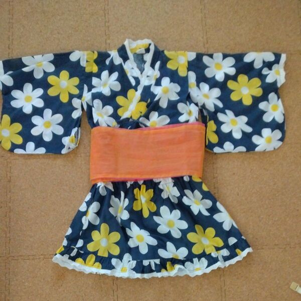 浴衣 セパレート 紺地に花柄 ポップ 黄色と白の花柄 甚平 女の子 花柄 キッズ 子供服 兵児帯