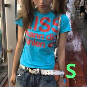 Y2K KISS プリント ロゴ Tシャツ Sサイズ 水色 平成ギャル