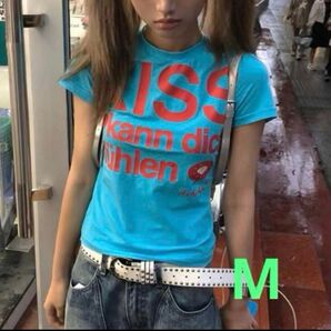 Y2K KISS プリント ロゴ Tシャツ 水色 平成ギャル 半袖Tシャツ M