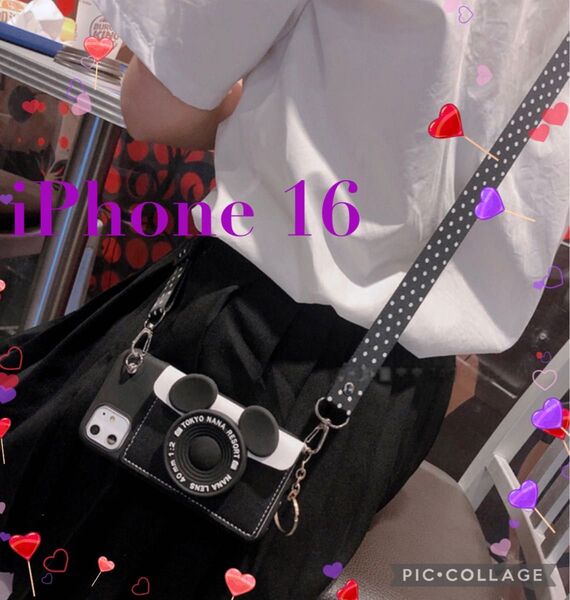 ミッキー風カメラデザインショルダーケース iPhone 16 可愛い おしゃれ