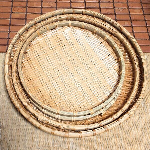 4点 竹ザル 網ザル 編みザル ざる 浅ざる ザル 大ザル 中ザル 小ザル 雑貨 丸ざる 竹ざる 竹細工 多様性 新品 未使用