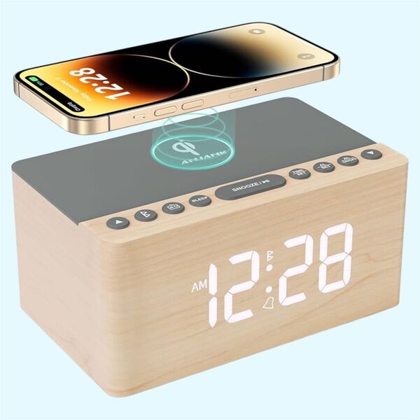 ANJANK 木製目覚まし時計付きBluetoothスピーカー 充電器 おしゃれ インテリア アラーム 置き時計