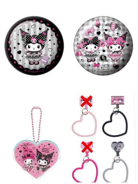 マイメロディ&クロミ ハッピーくじ D賞スマホハンドストラップ2個 F賞アクリルチャーム1個 G賞缶バッジSET1個