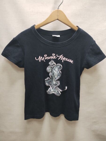 全国送料無料 ミニーマウス ディズニー子供服 女の子 半袖 黒色レース&キラキラTシャツ 120