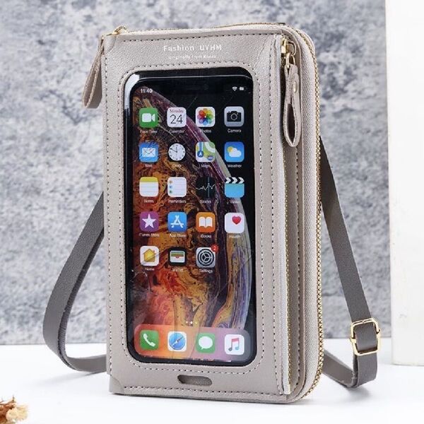 お財布 ショルダーポーチ スマホポーチ 長財布 縦型 PUレザー グレー 灰色
