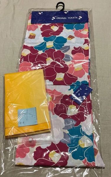 【新品】おび工房浴衣 レディース 2点セット 浴衣帯セット 綿100% 椿柄 結び帯 オリジナル浴衣 163cm 和装