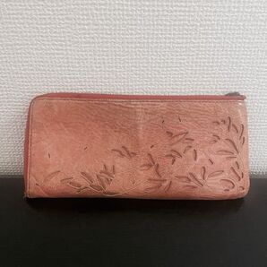 革製 長財布 オレンジ 植物模様 ラウンドファスナー