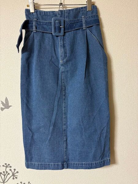 【美品】one way デニムスカート Mサイズ ベルト付き バックスリット レディース