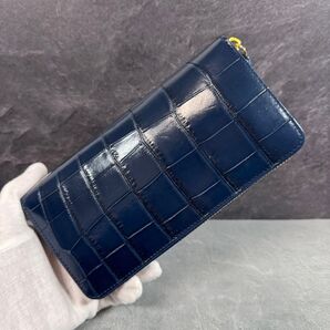 クロコダイル ラウンドファスナー 長財布 ネイビー 紺色 実物撮影 一枚革