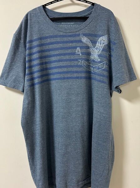 アメリカンイーグル AE ブルー グレー バックプリント Tシャツ ボーダー 半袖 AMERICAN EAGLE Tシャツ M L
