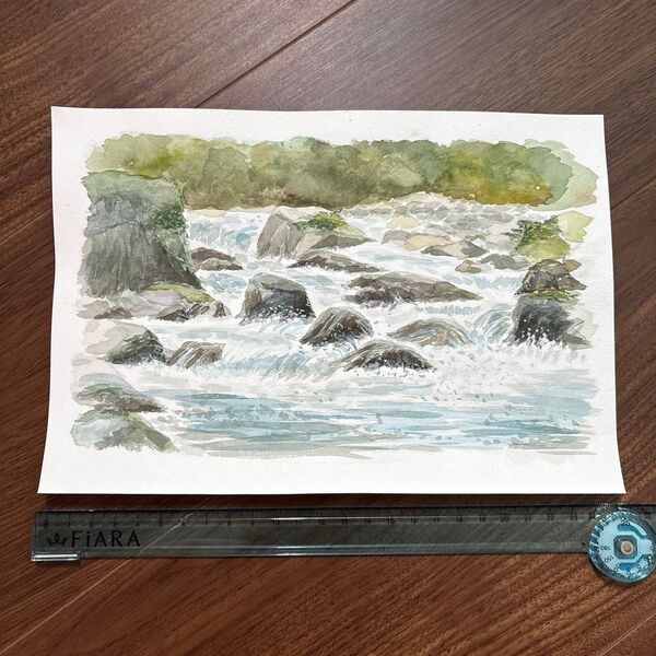 手描き 水彩画 風景画 川 横約250mm縦約170mm